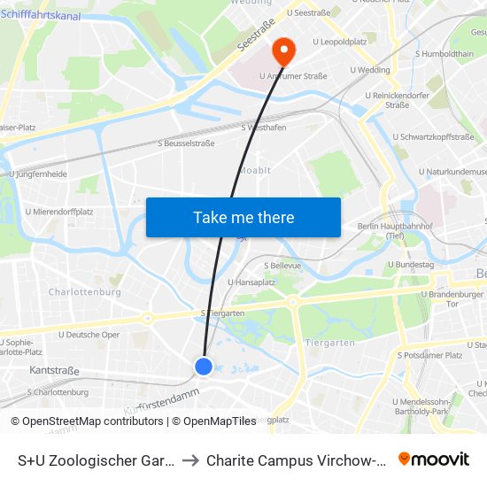 S+U Zoologischer Garten Bhf to Charite Campus Virchow-Klinikum map