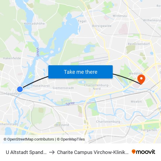U Altstadt Spandau to Charite Campus Virchow-Klinikum map