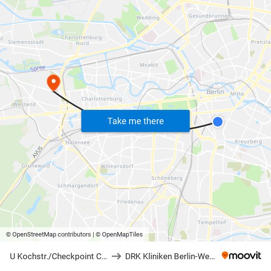 U Kochstr./Checkpoint Charlie to DRK Kliniken Berlin-Westend map