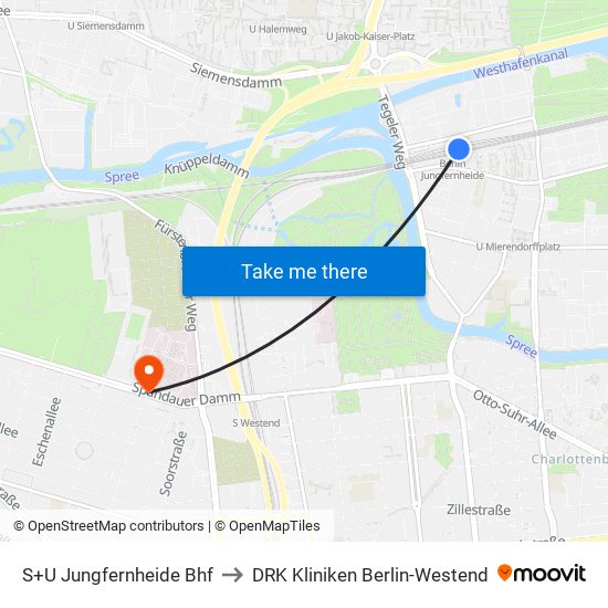 S+U Jungfernheide Bhf to DRK Kliniken Berlin-Westend map