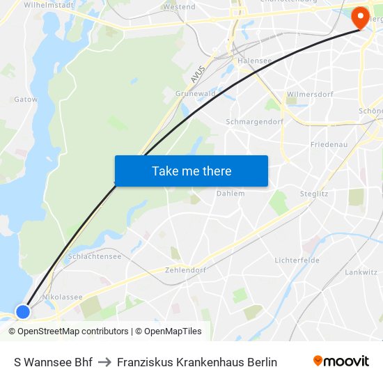 S Wannsee Bhf to Franziskus Krankenhaus Berlin map