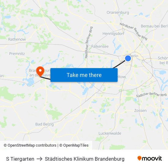 S Tiergarten to Städtisches Klinikum Brandenburg map