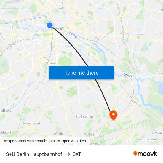 S+U Berlin Hauptbahnhof to SXF map