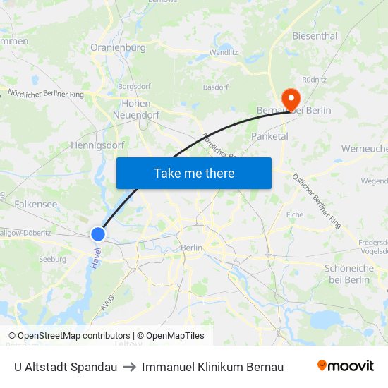 U Altstadt Spandau to Immanuel Klinikum Bernau map