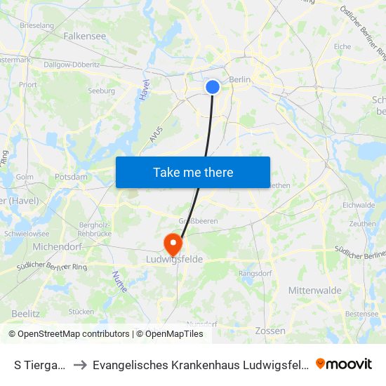 S Tiergarten to Evangelisches Krankenhaus Ludwigsfelde-Teltow map