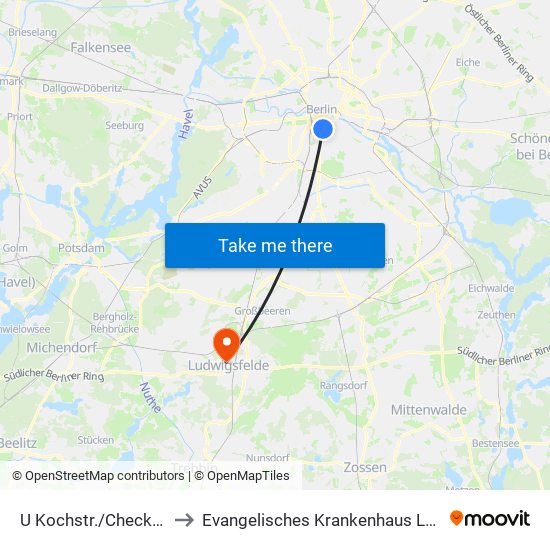 U Kochstr./Checkpoint Charlie to Evangelisches Krankenhaus Ludwigsfelde-Teltow map