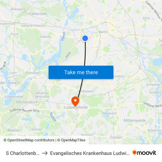 S Charlottenburg Bhf to Evangelisches Krankenhaus Ludwigsfelde-Teltow map