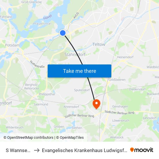 S Wannsee Bhf to Evangelisches Krankenhaus Ludwigsfelde-Teltow map