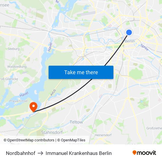 Nordbahnhof to Immanuel Krankenhaus Berlin map