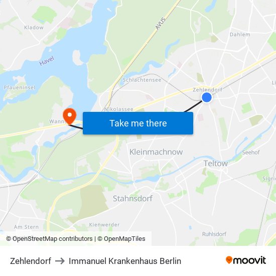 Zehlendorf to Immanuel Krankenhaus Berlin map