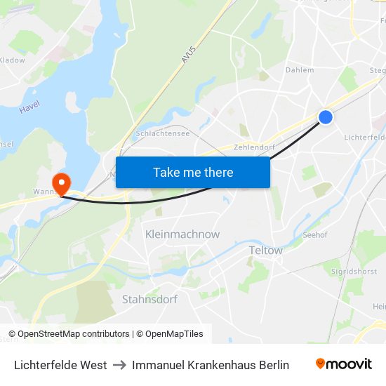Lichterfelde West to Immanuel Krankenhaus Berlin map