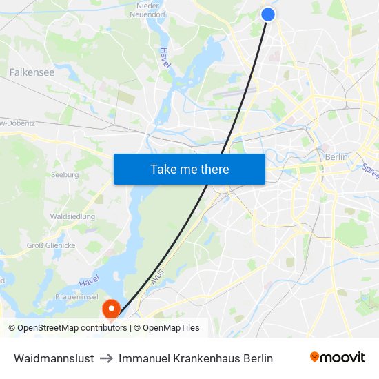 Waidmannslust to Immanuel Krankenhaus Berlin map