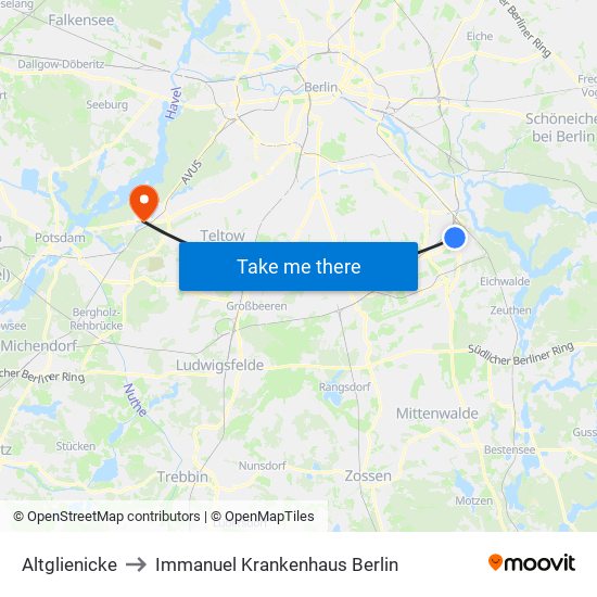 Altglienicke to Immanuel Krankenhaus Berlin map