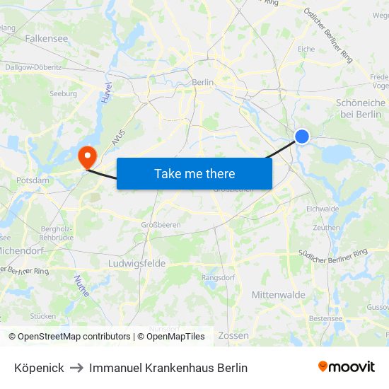 Köpenick to Immanuel Krankenhaus Berlin map
