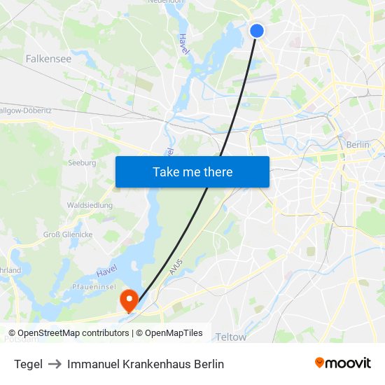 Tegel to Immanuel Krankenhaus Berlin map