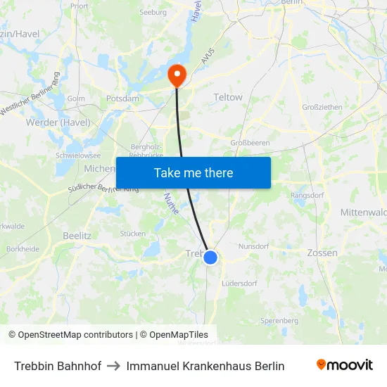Trebbin Bahnhof to Immanuel Krankenhaus Berlin map