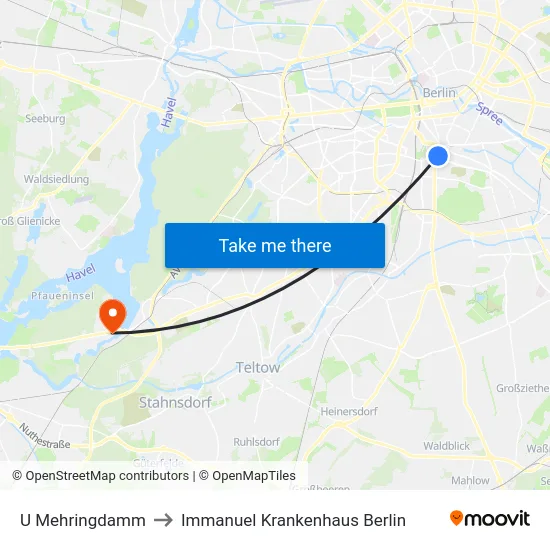 U Mehringdamm to Immanuel Krankenhaus Berlin map