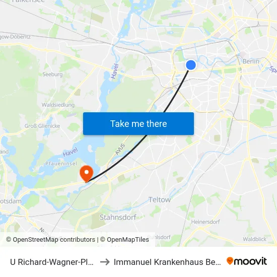 U Richard-Wagner-Platz to Immanuel Krankenhaus Berlin map