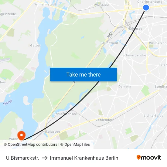 U Bismarckstr. to Immanuel Krankenhaus Berlin map