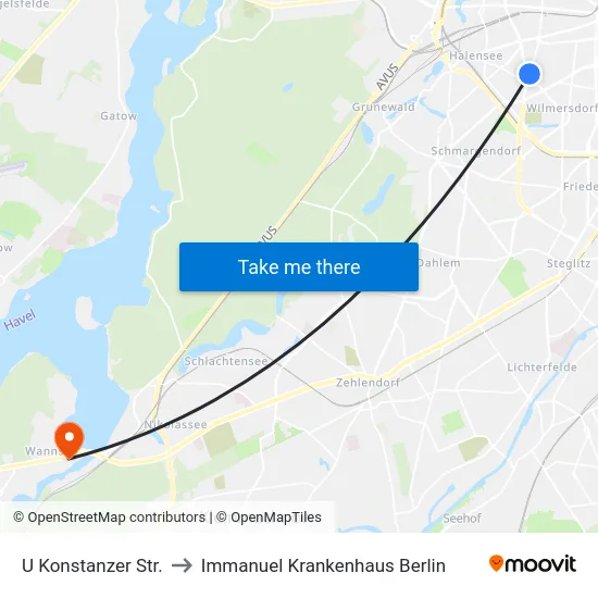 U Konstanzer Str. to Immanuel Krankenhaus Berlin map