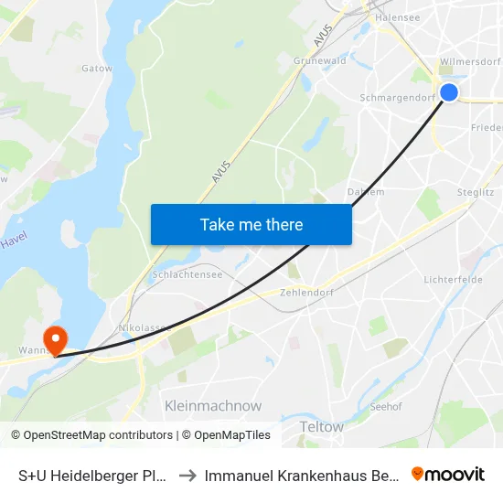 S+U Heidelberger Platz to Immanuel Krankenhaus Berlin map