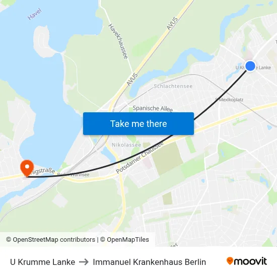U Krumme Lanke to Immanuel Krankenhaus Berlin map