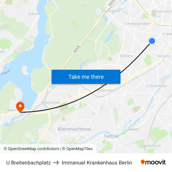 U Breitenbachplatz to Immanuel Krankenhaus Berlin map