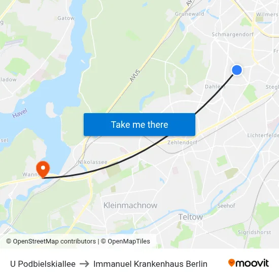 U Podbielskiallee to Immanuel Krankenhaus Berlin map