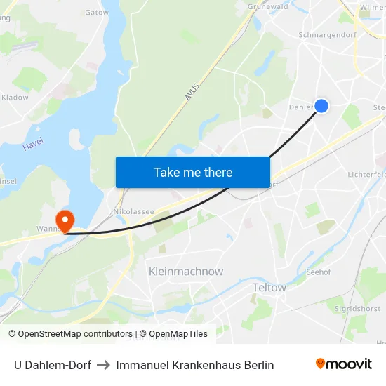 U Dahlem-Dorf to Immanuel Krankenhaus Berlin map