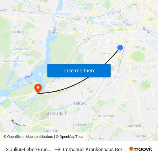 S Julius-Leber-Brücke to Immanuel Krankenhaus Berlin map