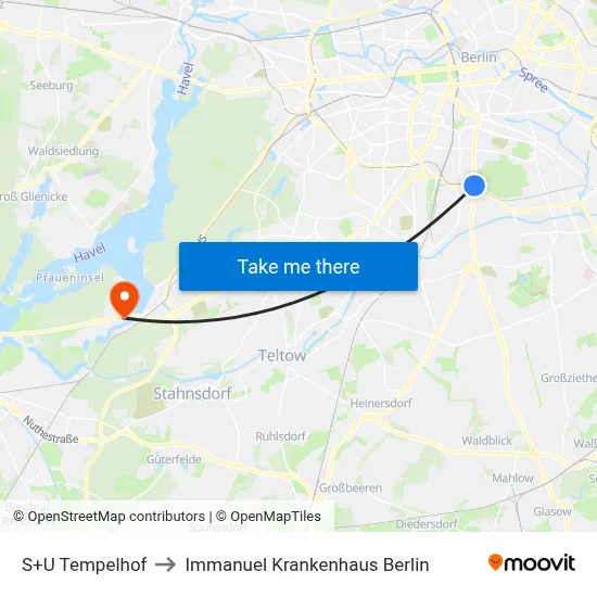 S+U Tempelhof to Immanuel Krankenhaus Berlin map