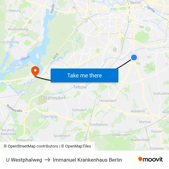 U Westphalweg to Immanuel Krankenhaus Berlin map