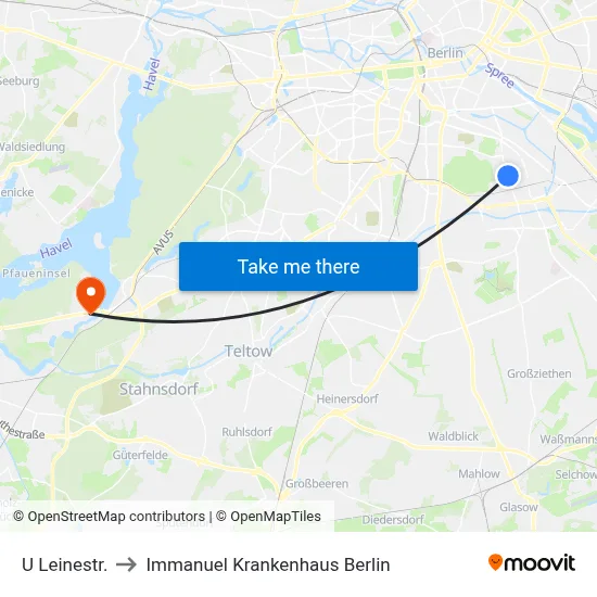 U Leinestr. to Immanuel Krankenhaus Berlin map