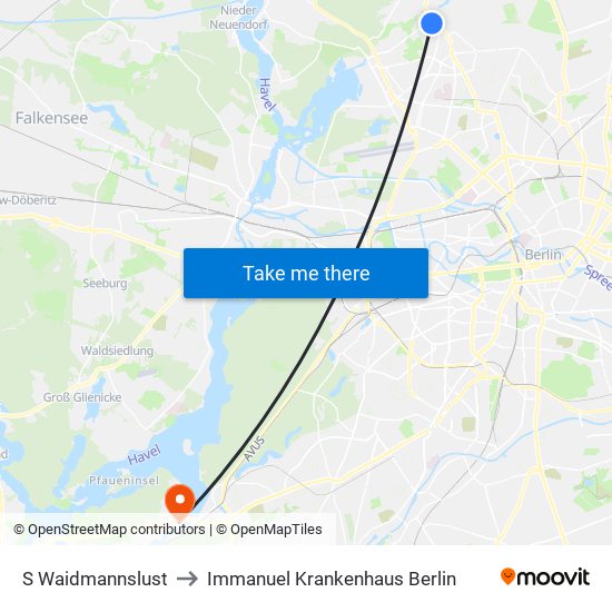 S Waidmannslust to Immanuel Krankenhaus Berlin map