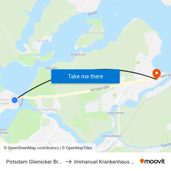 Potsdam Glienicker Brücke to Immanuel Krankenhaus Berlin map
