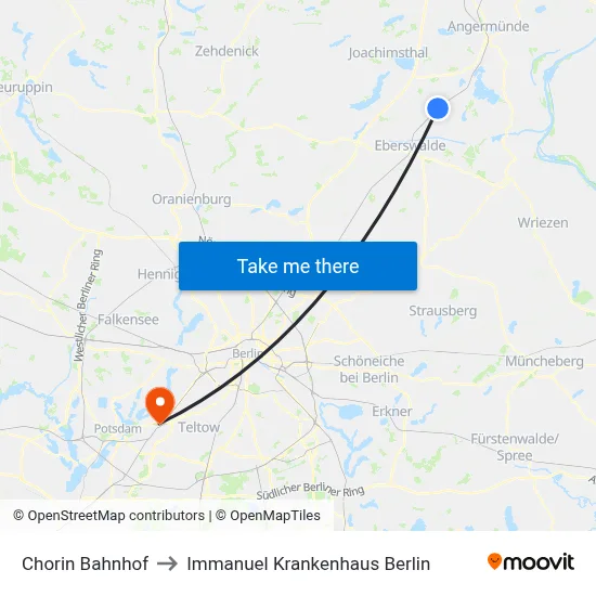 Chorin Bahnhof to Immanuel Krankenhaus Berlin map