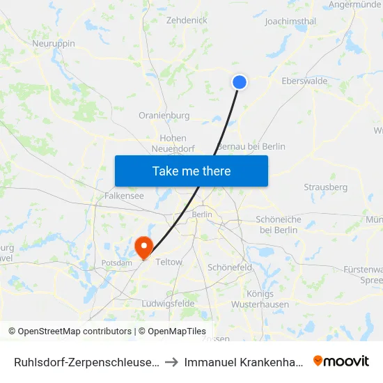 Ruhlsdorf-Zerpenschleuse Bahnhof to Immanuel Krankenhaus Berlin map