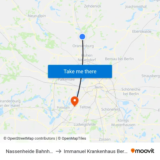Nassenheide Bahnhof to Immanuel Krankenhaus Berlin map