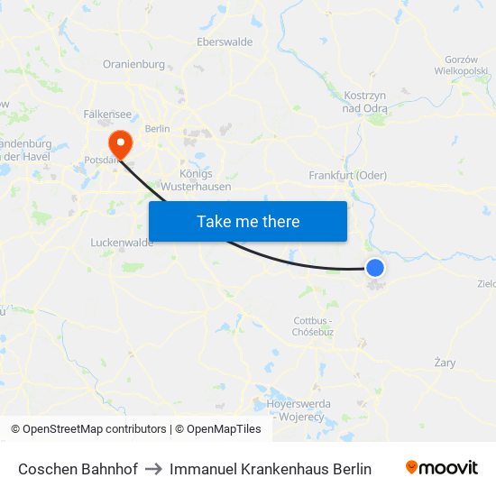 Coschen Bahnhof to Immanuel Krankenhaus Berlin map