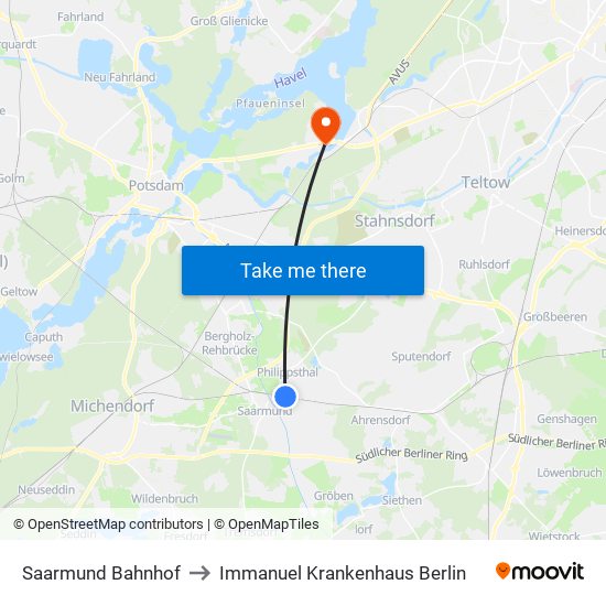 Saarmund Bahnhof to Immanuel Krankenhaus Berlin map