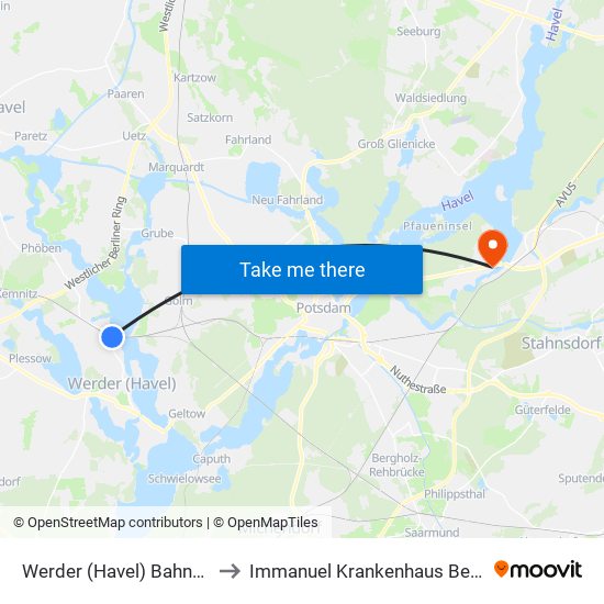Werder (Havel) Bahnhof to Immanuel Krankenhaus Berlin map
