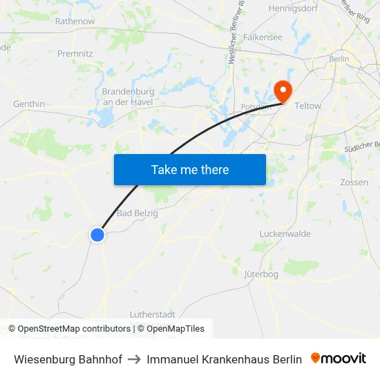 Wiesenburg Bahnhof to Immanuel Krankenhaus Berlin map