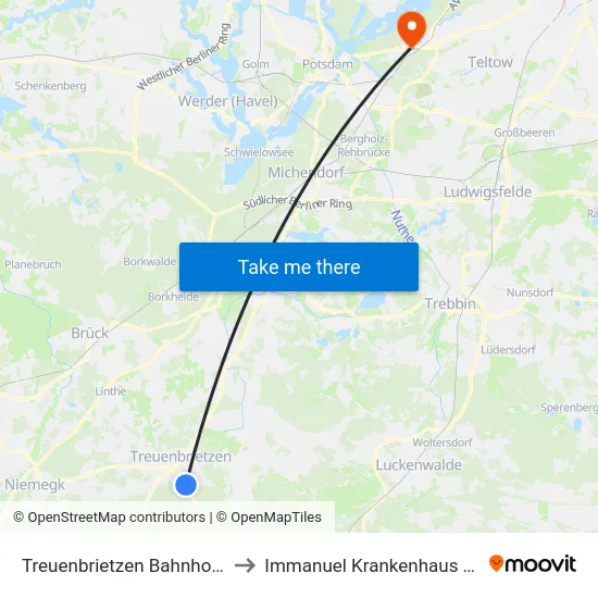 Treuenbrietzen Bahnhof Süd to Immanuel Krankenhaus Berlin map