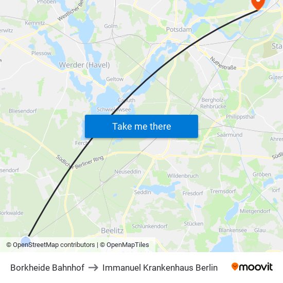 Borkheide Bahnhof to Immanuel Krankenhaus Berlin map