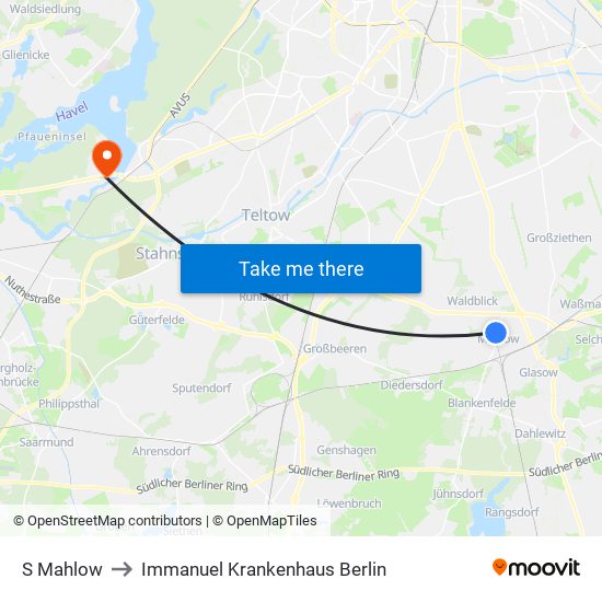 S Mahlow to Immanuel Krankenhaus Berlin map