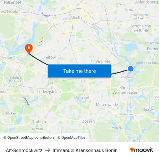 Alt-Schmöckwitz to Immanuel Krankenhaus Berlin map