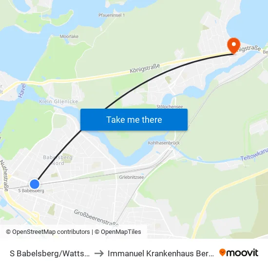 S Babelsberg/Wattstr. to Immanuel Krankenhaus Berlin map