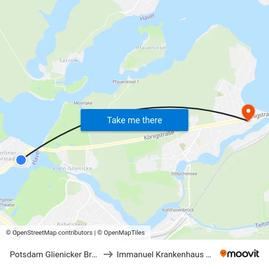 Potsdam Glienicker Brücke to Immanuel Krankenhaus Berlin map