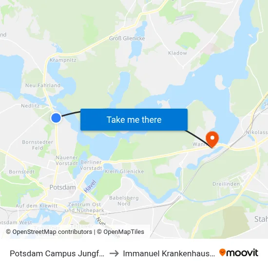 Potsdam Campus Jungfernsee to Immanuel Krankenhaus Berlin map