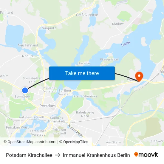 Potsdam Kirschallee to Immanuel Krankenhaus Berlin map